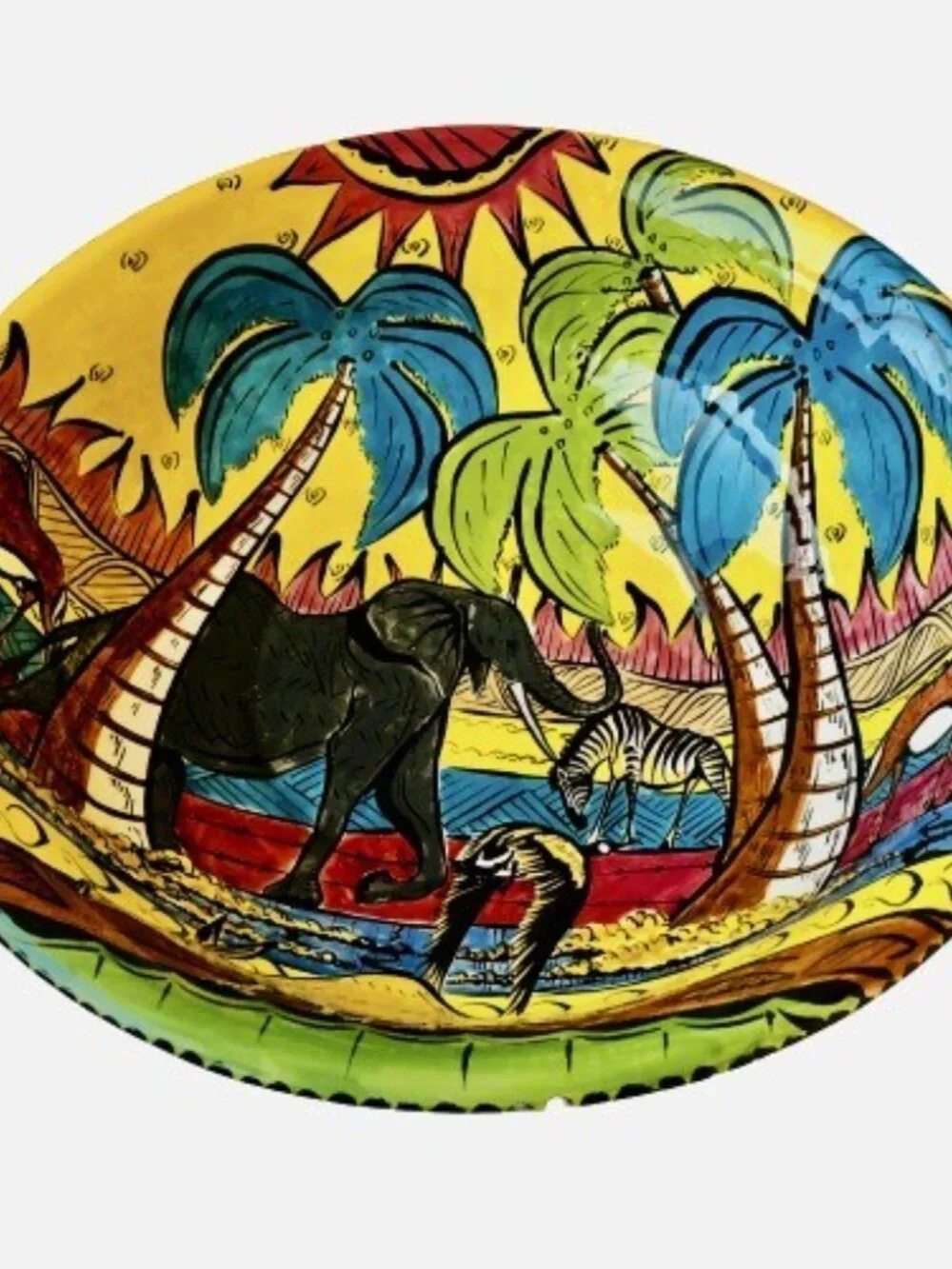 Penzo Zimbabwe Ceramic Bowl Hand Painted African Safari Wildlife Art Signed 2001